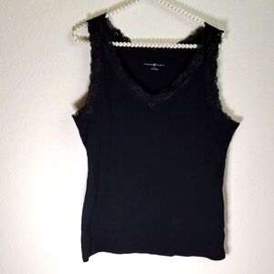 Karen Scott Black Lace Trim Tank Top Size Large Stretch V-Neck Wardrobe Basic